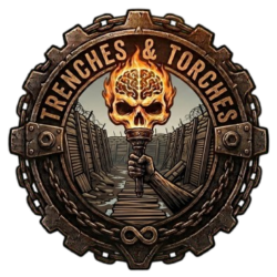 Logo showing a large cog with a skull on fire on a torch with a war time trench behind it.